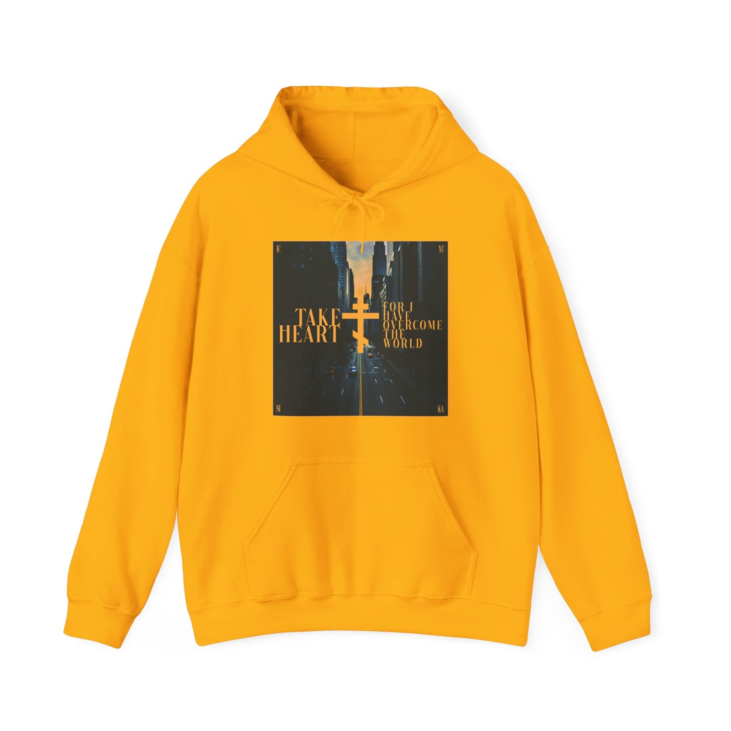 Gold "Take Heart, For I Have Overcome the World" hoodie featuring a modern city street scene graphic—an Orthodox Christian reminder of John 16:33 to find joy and hope through challenges.