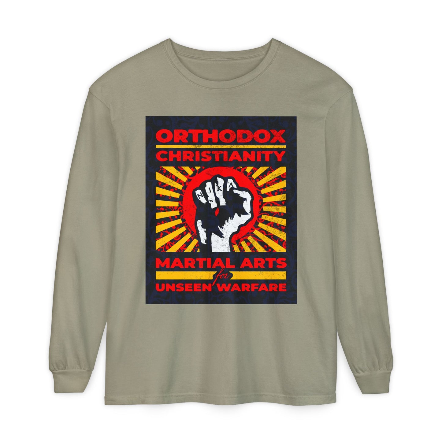 Orthodox Christianity: Martial Arts for Unseen Warfare | NIKA Jesus Fist on Colorful Sunburst Design | Orthodox Christian Long Sleeve Shirt