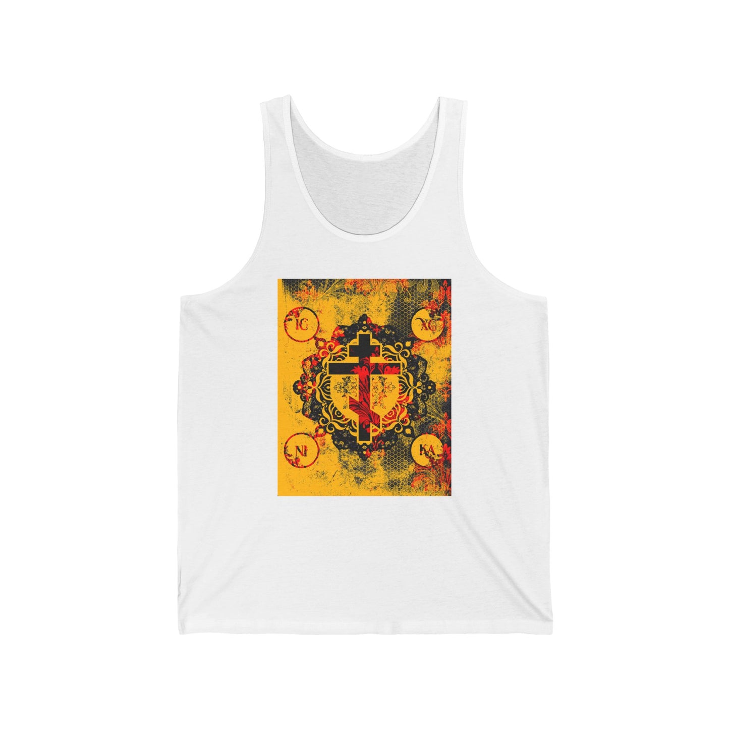 IC XC NIKA Orthodox Cross | Yellow & Red Modern & Medieval Textured Floral Design | Orthodox Christian Jersey Tank Top