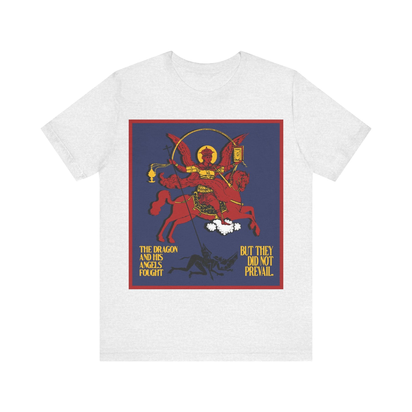 Archangel Michael of the Apocalypse IconoGraphic (Revelation 12:7-8) | Red Angel and Horse on Blue Background | Orthodox Christian T-Shirt