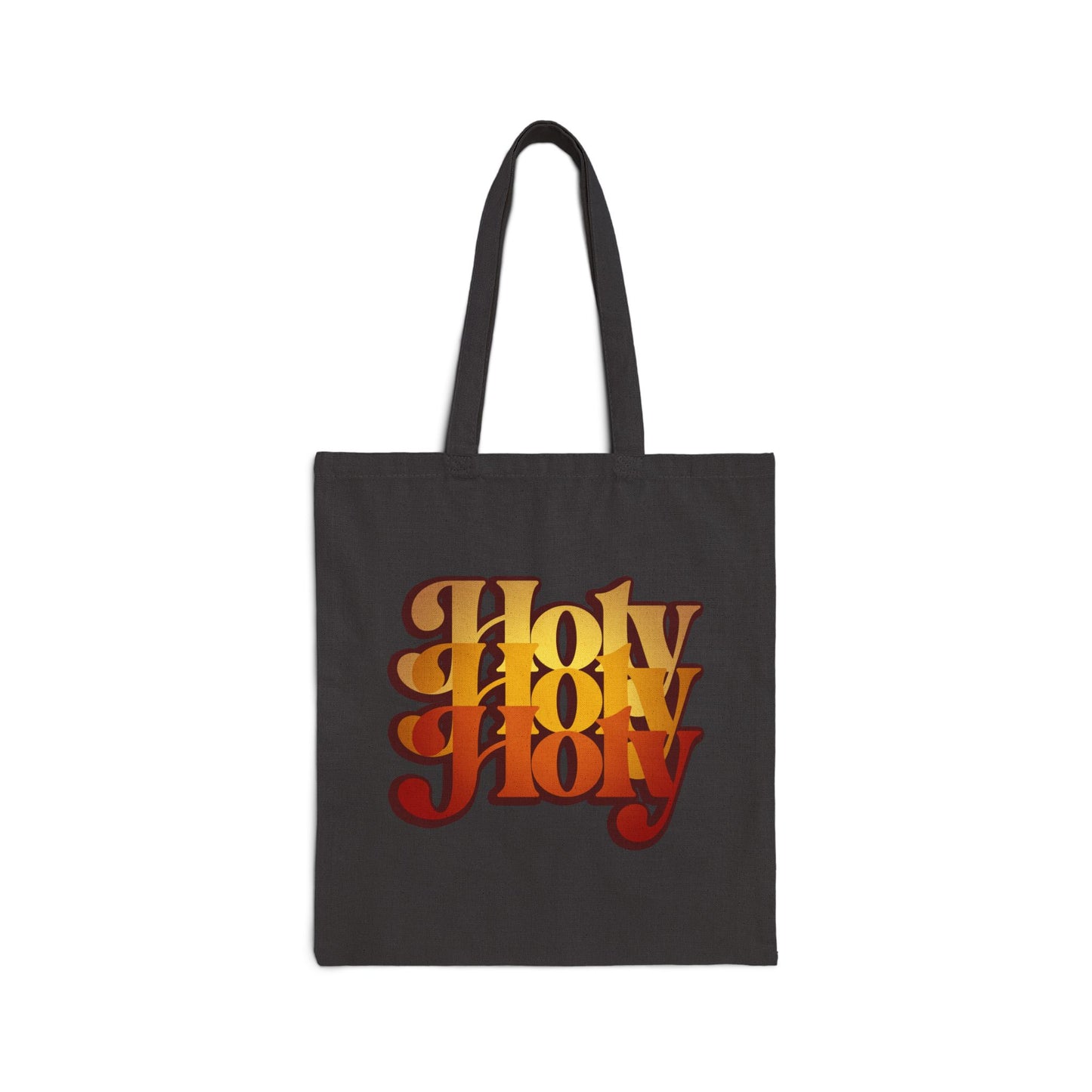 Black tote bag featuring 70s-inspired gradient "Holy Holy Holy" text, referencing Isaiah 6 and the Trisagion liturgical prayer with Cherubim & Seraphim motifs. Orthodox Christian design.