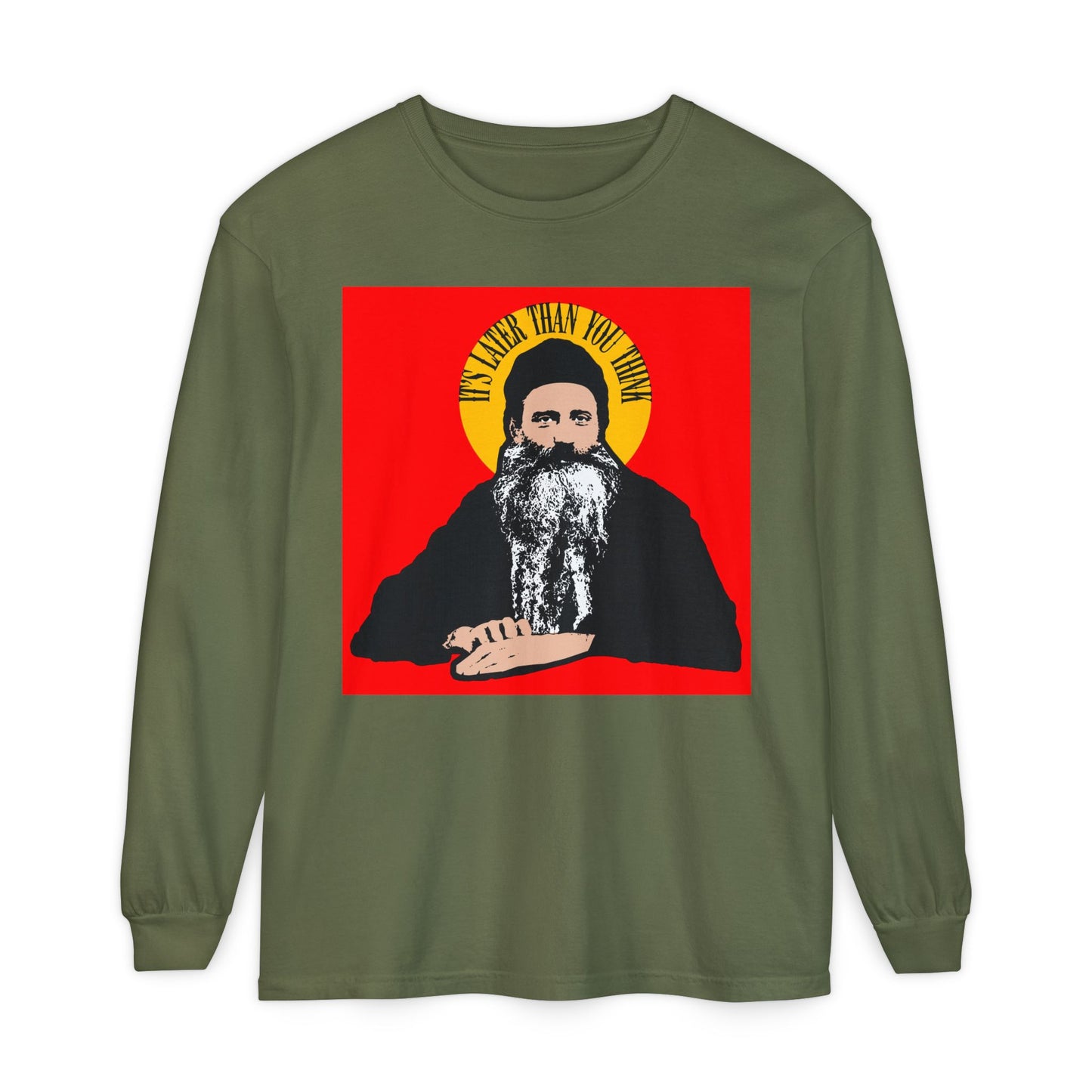 Hemp long-sleeve shirt with yellow halo design, featuring "It's Later Than You Think," inspired by Fr. Seraphim Rose, a modern American Orthodox Christian saint. Orthodox Christian apparel.