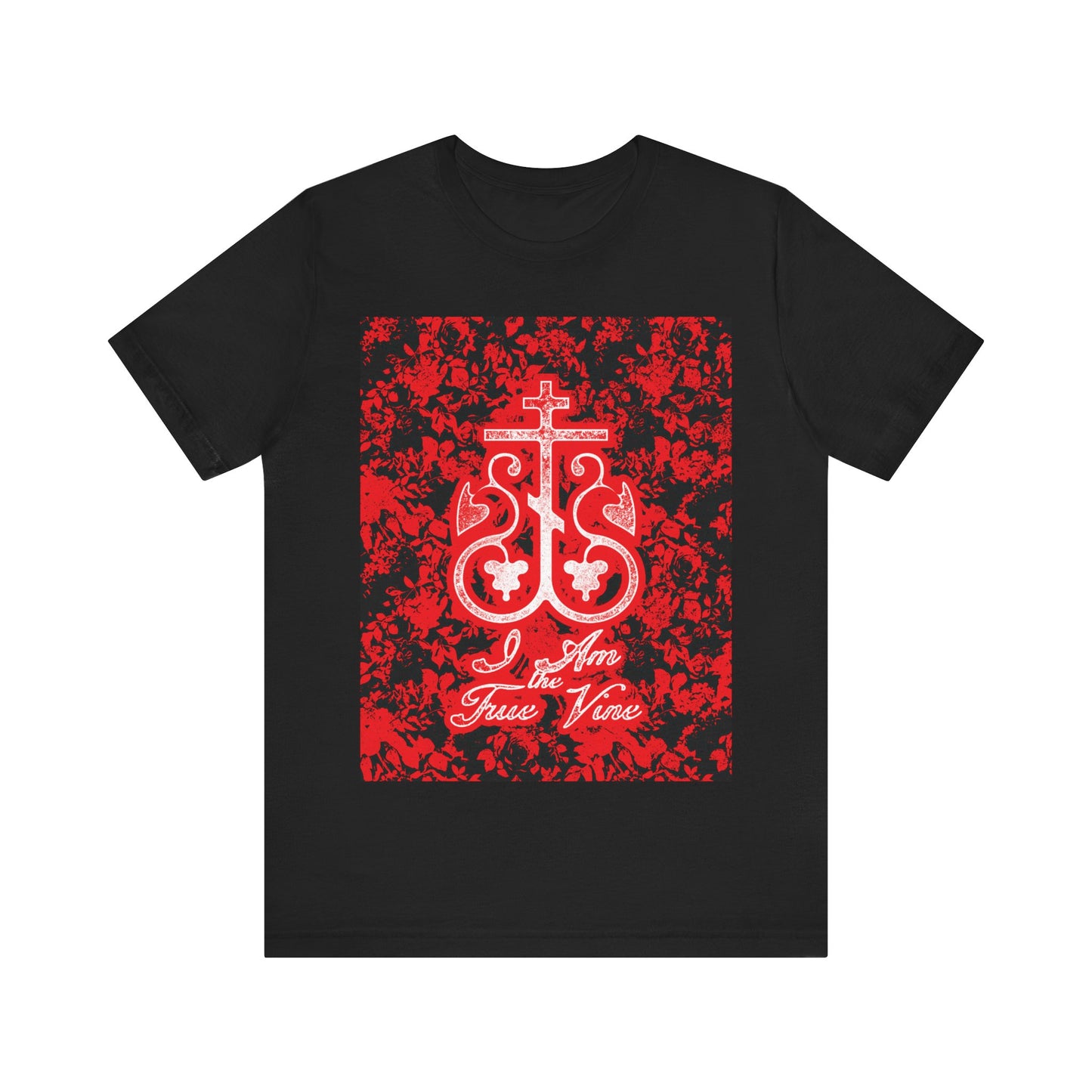 I Am the True Vine (John 15:1) | Orthodox Cross Vine Monogram | Red and Black Floral Design | Orthodox Christian T-Shirt