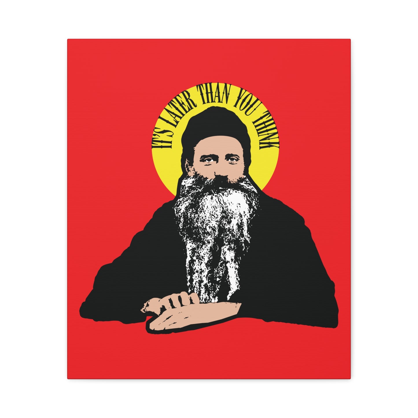 Featuring a bearded figure with a yellow halo and the quote "It’s Later Than You Think," this modern Orthodox Christian wall art honors Fr Seraphim Rose, reflecting on the journey after death.