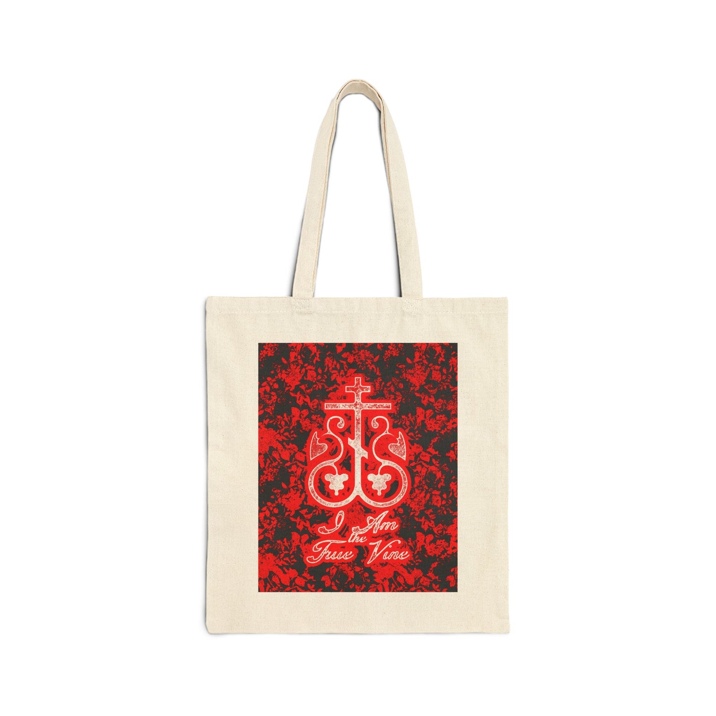 I Am the True Vine (John 15:1) | Orthodox Cross Vine Monogram | Red and Black Floral Design | Orthodox Christian Cotton Canvas Tote Bag