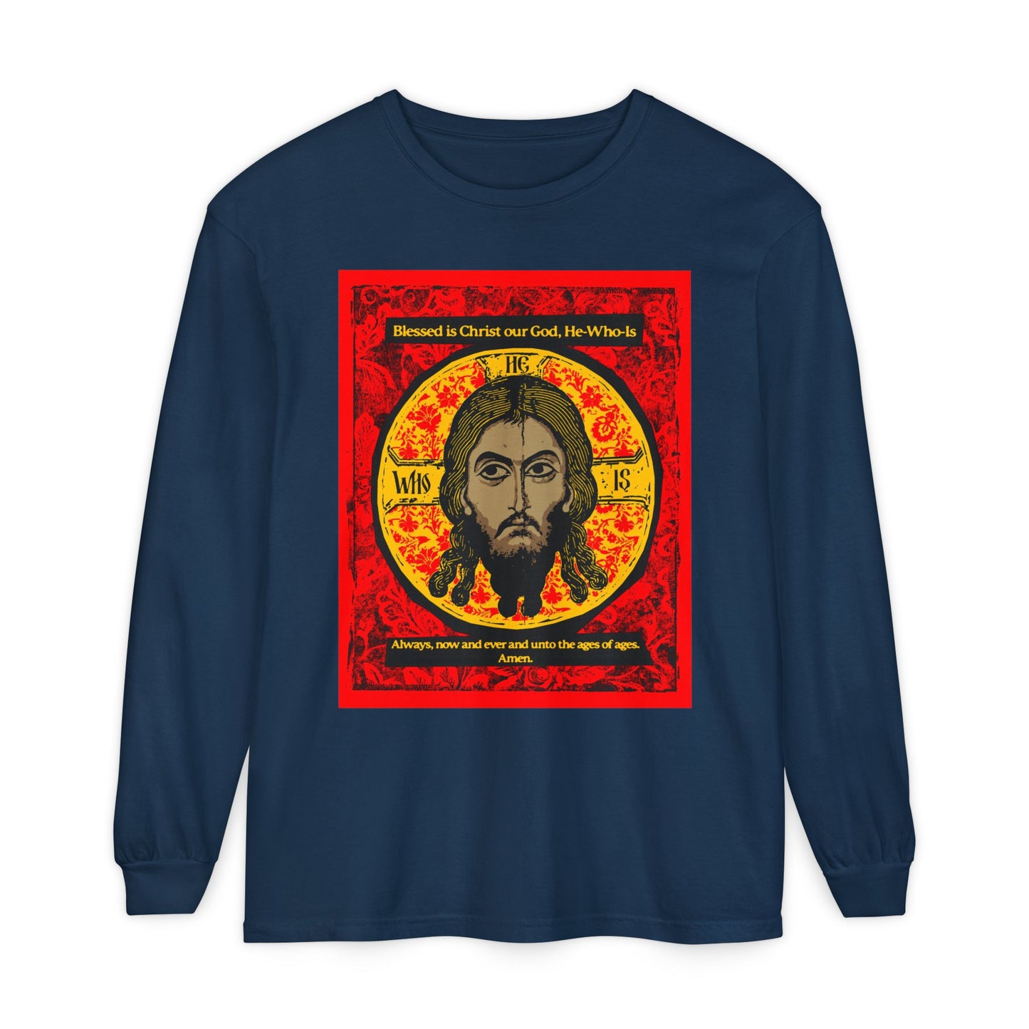 Remembrance of Death "Made Without Hands (Mandylion/Image of Edessa)" long-sleeve shirt features a red, black, and yellow Jesus Christ Orthodox icon graphic with halo, ornate patterns, religious text, and "Troparion Tone 2" at the top and bottom.