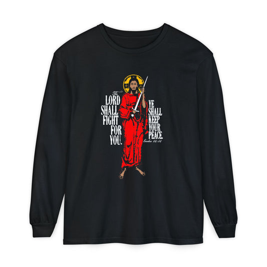 The Lord Shall Fight For You (Exodus 14:14) | Jesus Christ with Sword IconoGraphic | Orthodox Christian Long Sleeve Shirt