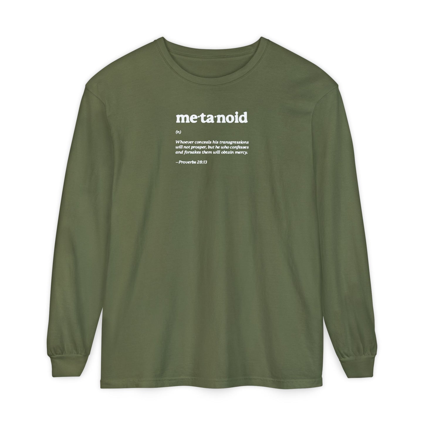 Metanoia Metanoid Definition | Proverbs 28:13 | Confession & Repentance | Minimalist Design | Orthodox Christian Long Sleeve Shirt