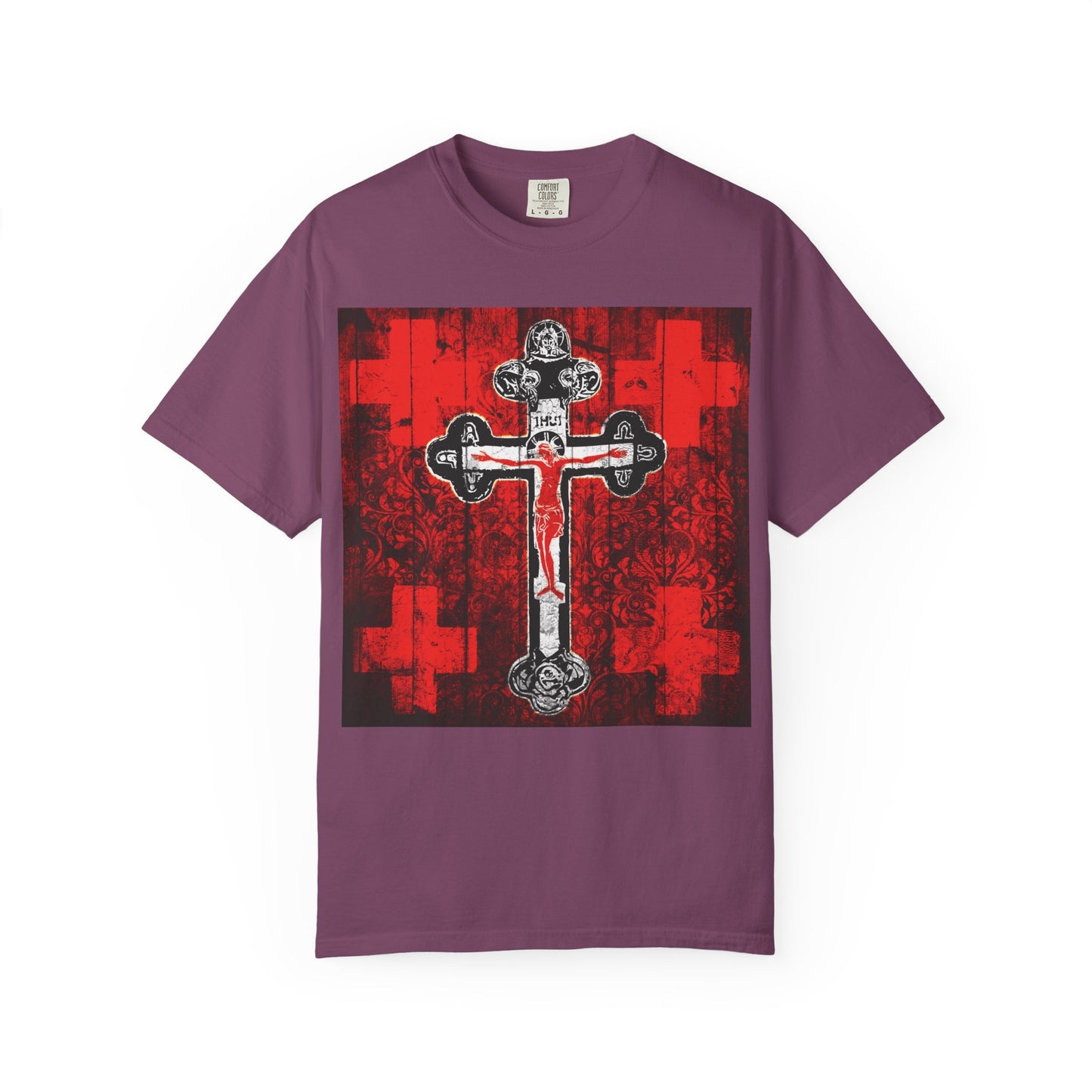 Berry Alpha & Omega Art Cross t-shirt featuring a large ornate black and white cross over a red square with cross patterns, inspired by the Adoration of the Precious and Life-Giving Cross during Great Lent; Christian unisex tee in heavyweight cotton.