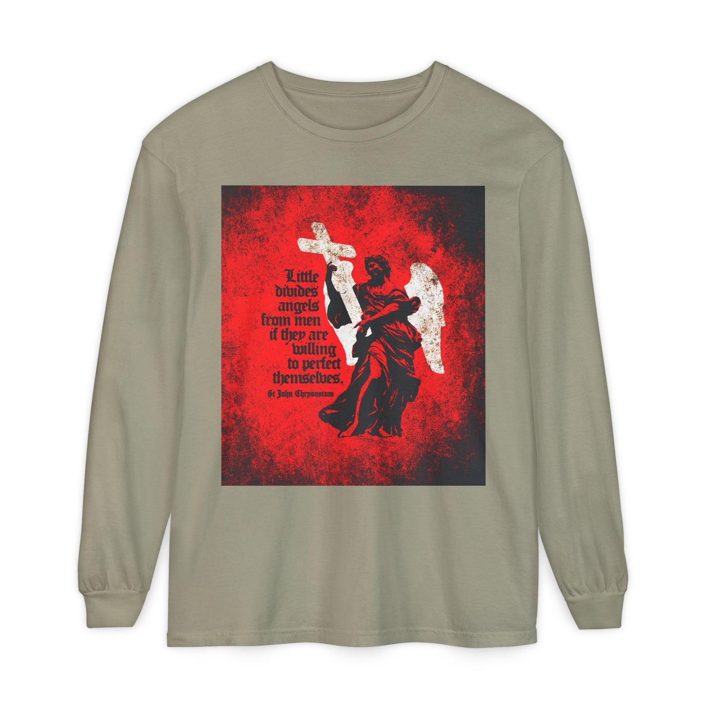 Little Divides Angels from Men | Christian Perfection | St John Chrysostom | Textured Cemetery Angel | Orthodox Christian Long Sleeve Shirt