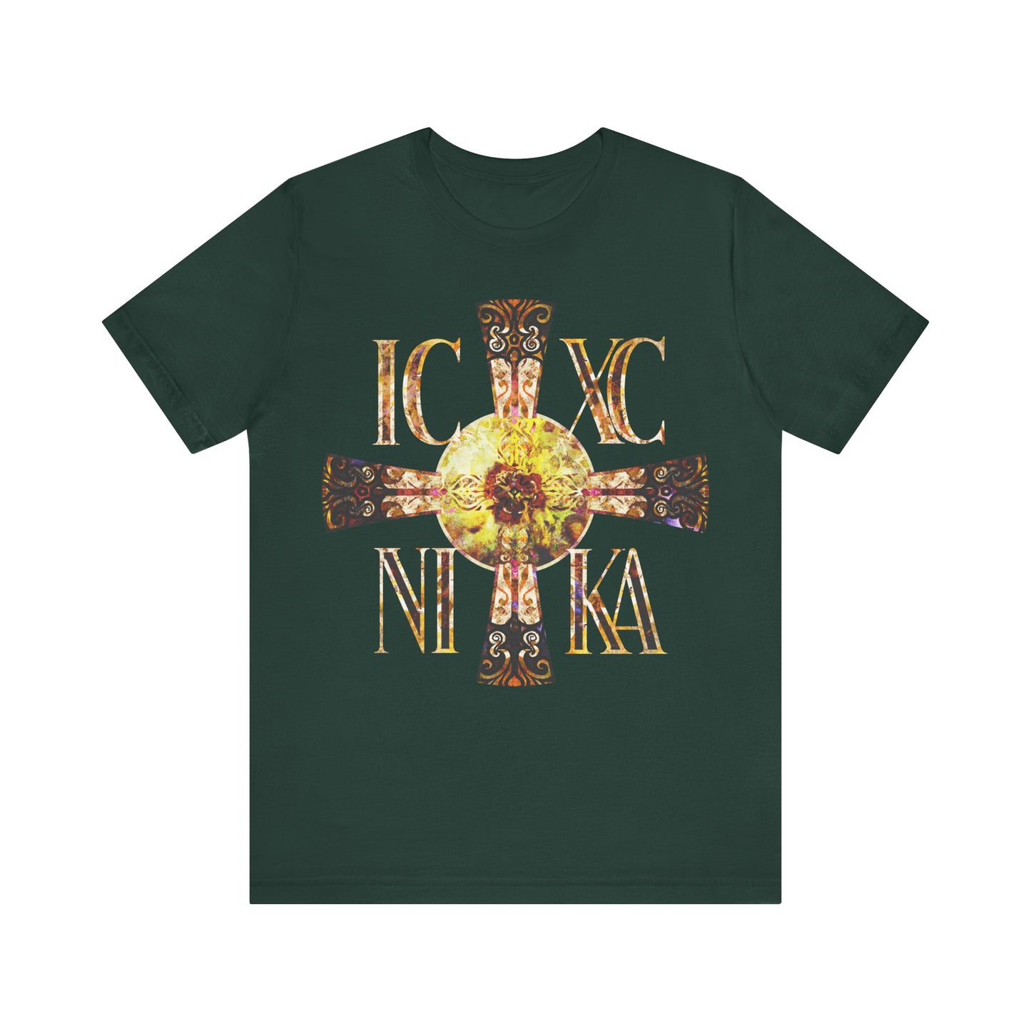 ICXC NIKA Celtic Style Equal Armed Cross | Bright Solar Texture | Orthodox Christian T-Shirt