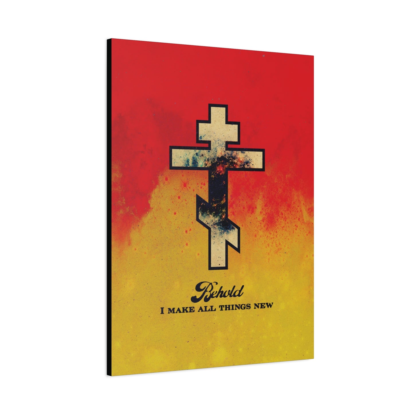 Behold, I Make All Things New (Revelation 21:5) | Cosmic Orthodox Cross on Red and Yellow Background | Orthodox Christian Canvas Art