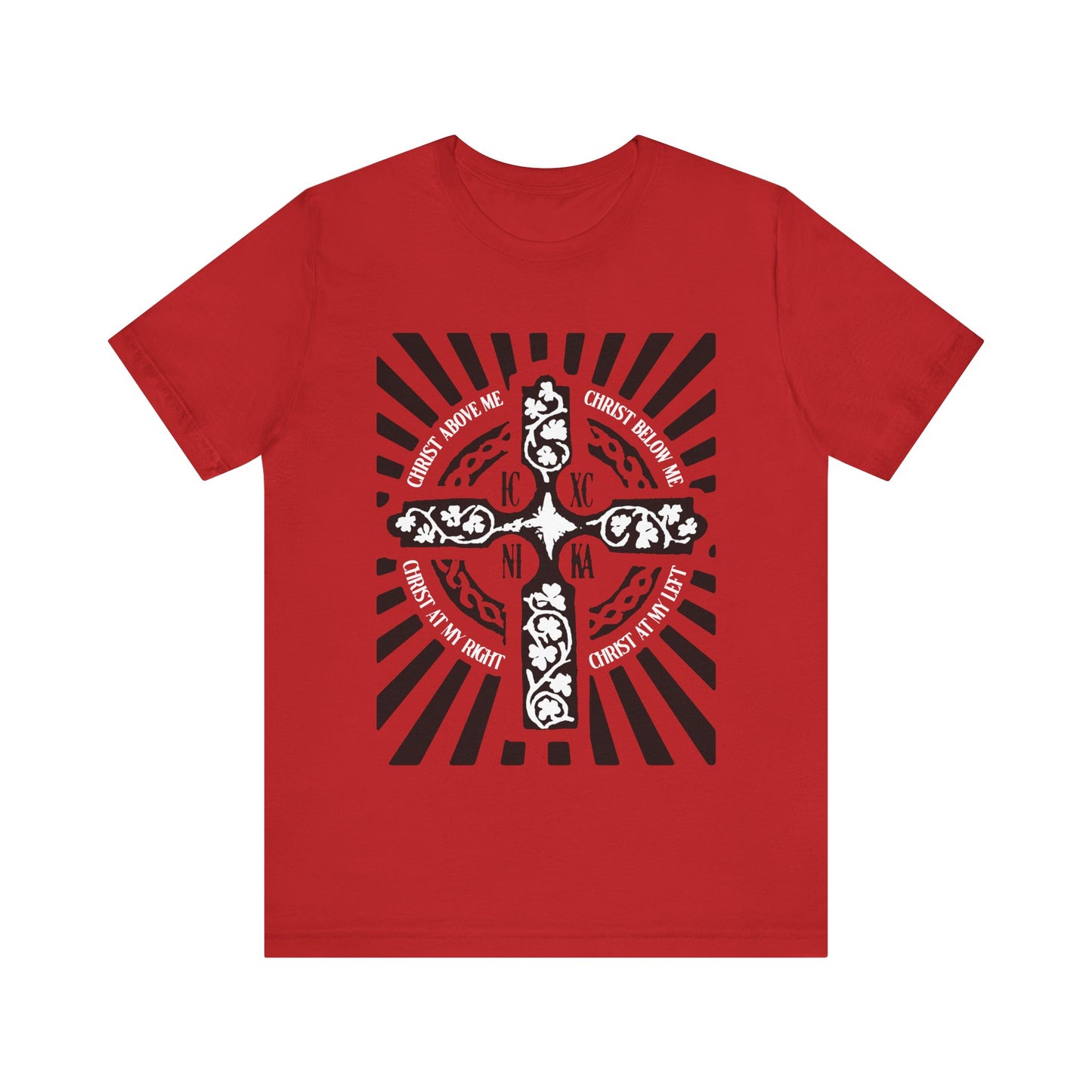 Red ICXC NIKA Enniskillen Celtic Cross | Lorica of St. Patrick | Shield Prayer | Orthodox Christian Cotton T-Shirt