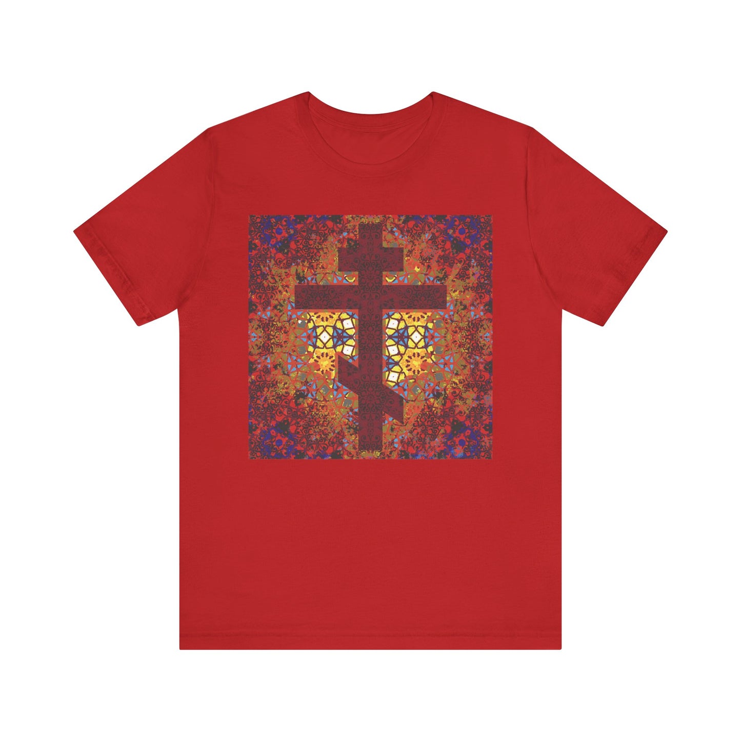 Red Geometrical Pattern Stained Glass Orthodox Cross Design Christian Lightweight Cotton Unisex T-Shirt, featuring an inspirational quote from Elder Ambrose of Optina on the front over a colorful stained-glass pattern.