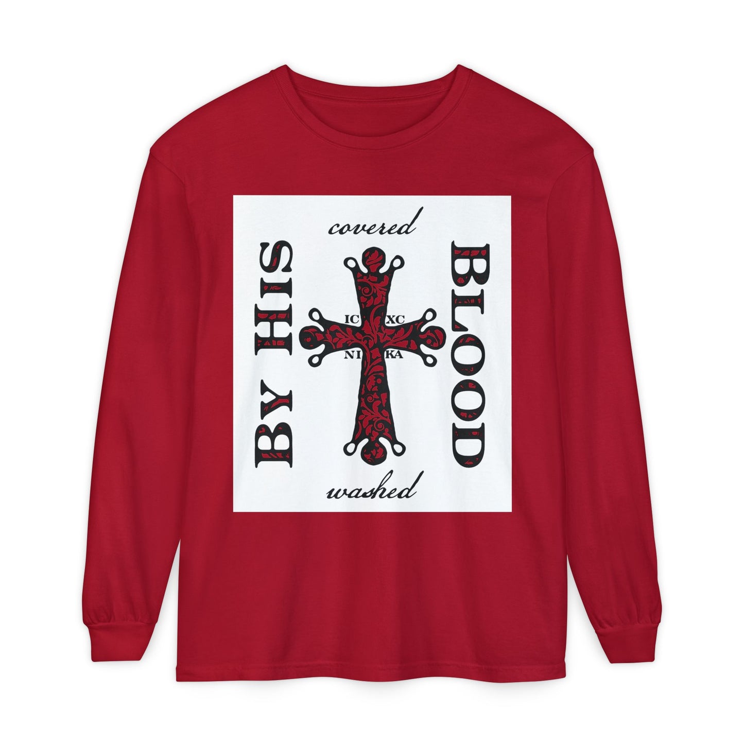 Washed/Covered By His Blood (1 John 1:7) | ICXC NIKA Ornate Red Orthodox Cross | Orthodox Christian Long Sleeve Shirt