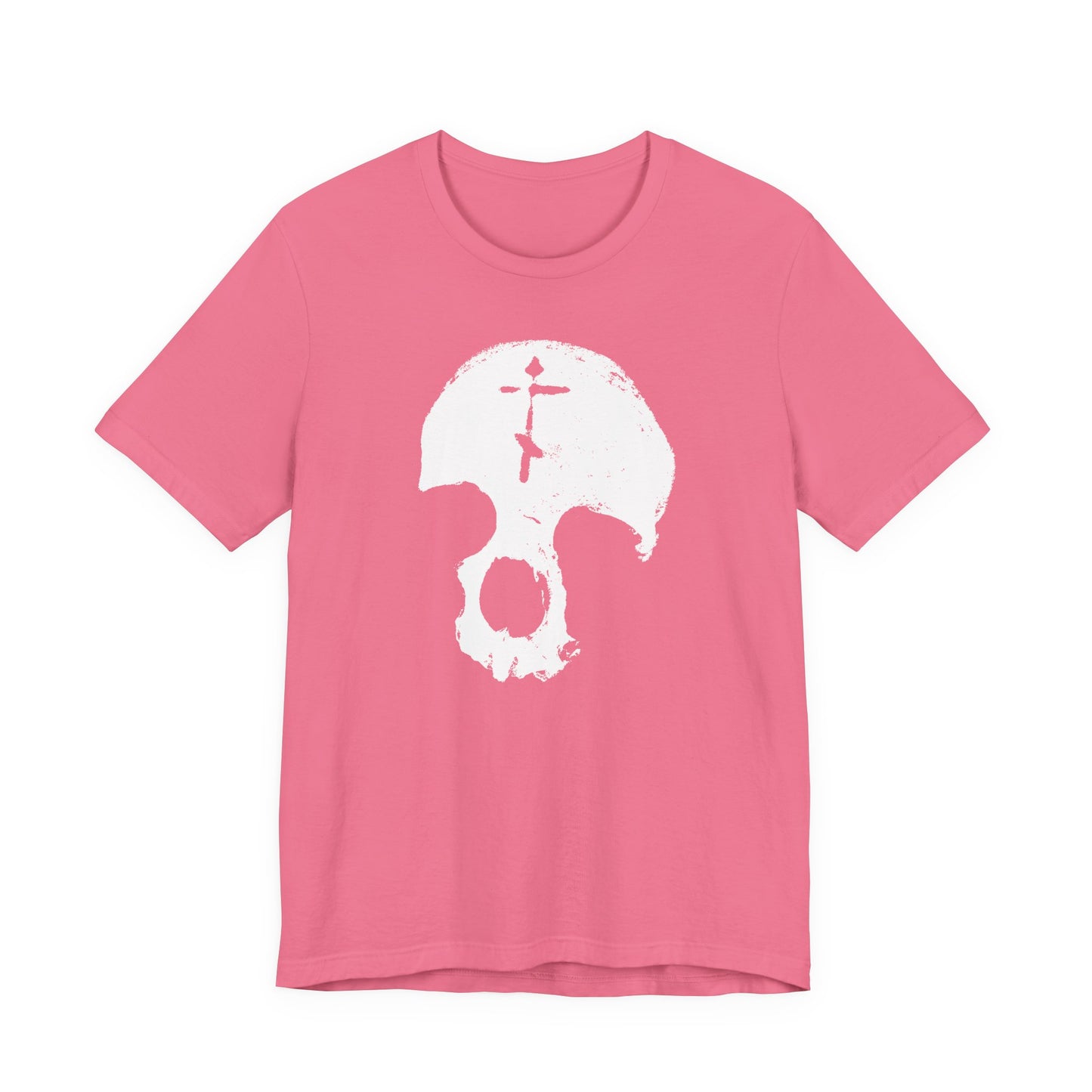 Charity Pink unisex cotton tee featuring a large white distressed skull with Orthodox cross—minimalist gothic Christian design inspired by "All is Vanity" and memento mori themes.