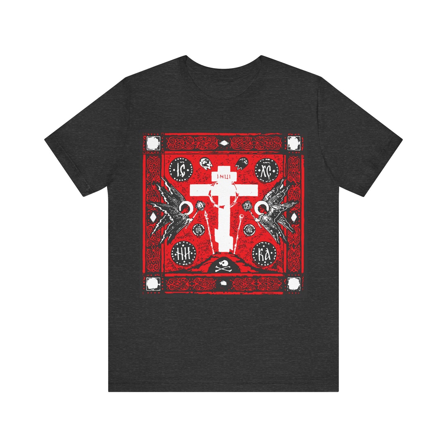 Adoration of Holy Cross IconoGraphic | Striking Red, White, & Black Russian Cross Design w/ Angels | Orthodox Christian T-Shirt