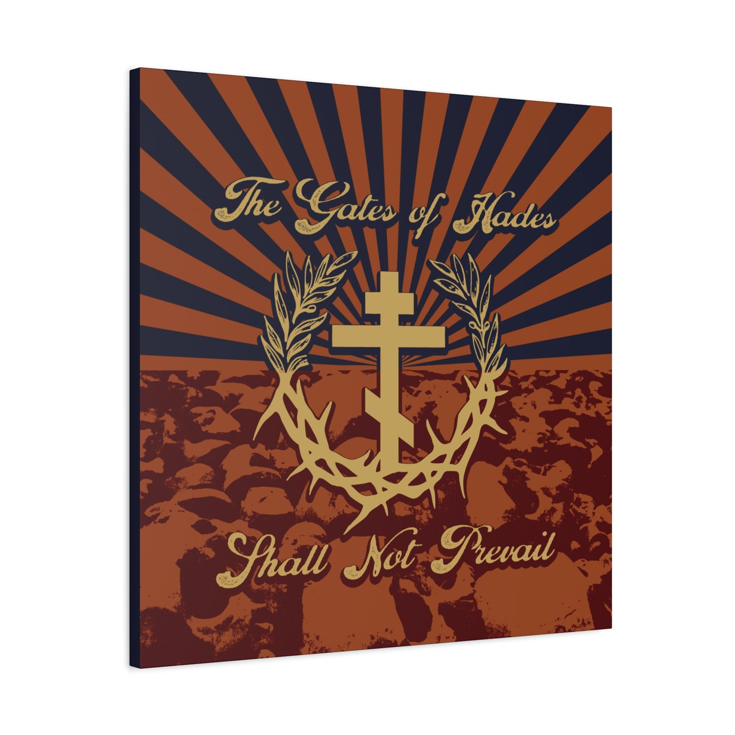 The Gates of Hades Shall Not Prevail | Cross with Wreath & Crown of Thorns | Skulls and Rays | Orthodox Christian Canvas Art
