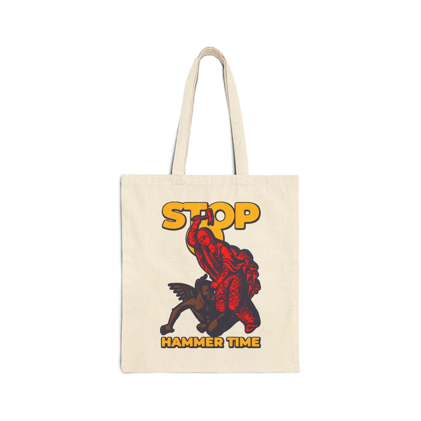 A white canvas tote bag featuring St Marina of Antioch beating the devil with a hammer, in a modern Orthodox meme style with red, blue, and yellow accents.