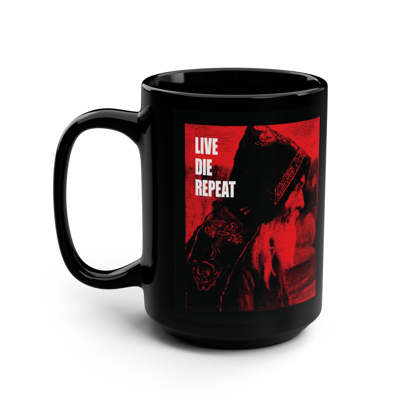 Black mug featuring "Monk" by Mikhail Nesterov, with the quote "Die Every Day, and You Will Live Forever." Perfect for fans of ascetic Christianity and Orthodox Christian inspiration.