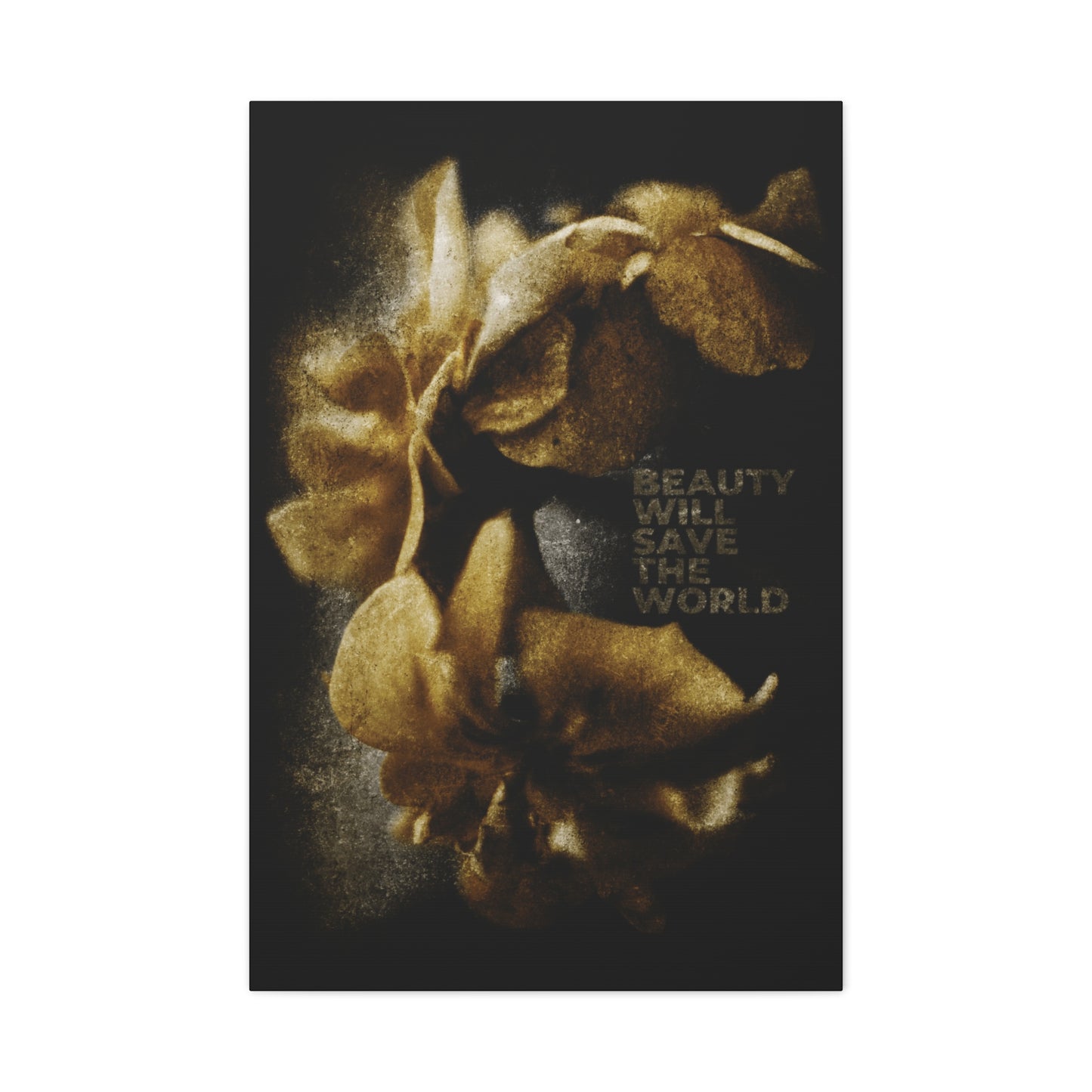 Golden flowers on a dark background and "Beauty Will Save the World" text grace this original photographic artwork, celebrating Jesus Christ as Universal Creator & King. Christian wall art inspired by Dostoevsky.