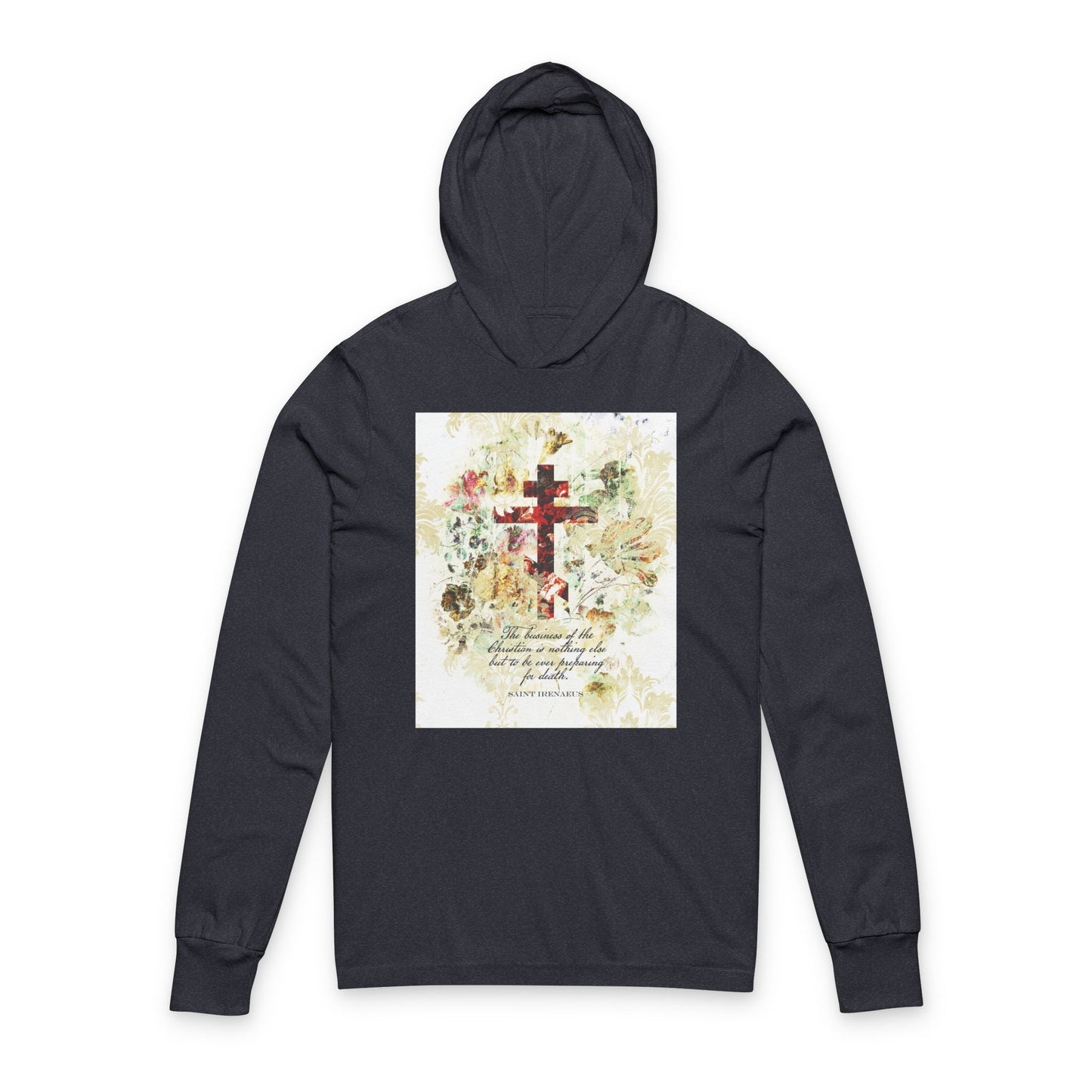 Preparing For Death | White & Beige Floral Scrapbook Texture Cross | Arts & Crafts Style | St Irenaeus | Orthodox Long Sleeve Hooded Shirt