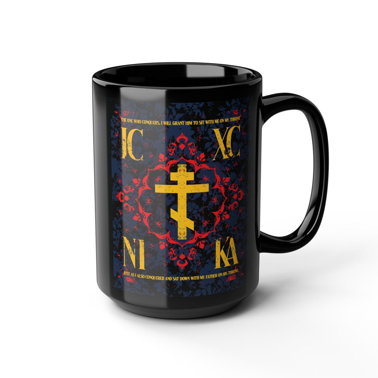 IC XC NIKA Orthodox Cross | Medieval Floral Design | The One Who Conquers (Revelation 3:21) | Orthodox Christian Black Mug