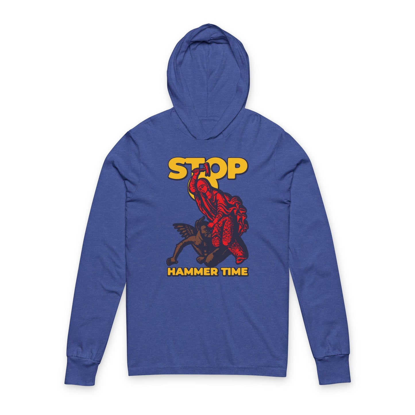 Stay bold in our "St Marina of Antioch Beating the Devil with a Hammer" hoodie—modern Orthodox meme style with “Stop, Hammer Time” text and red, blue, yellow graphic. Christian-inspired hooded shirt blending faith and fun.