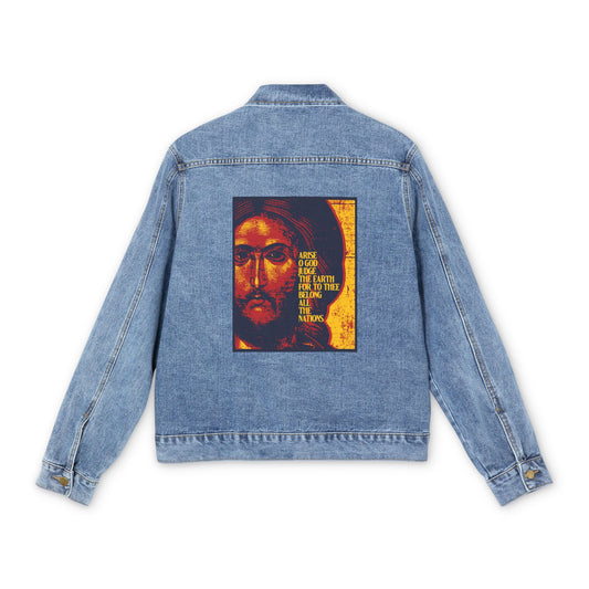 Arise, O God, Judge the Earth (Psalm 82/81) | Jesus Christ Russian Style IconoGraphic | Orthodox Christian Custom Blue Denim Jacket