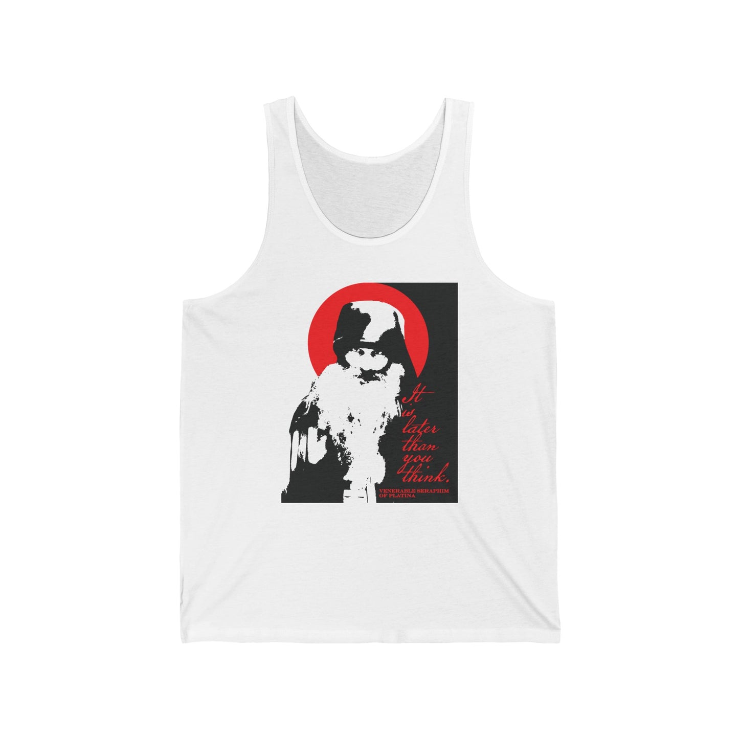 The Remembrance of Death "It's Later Than You Think" tank top features a high-contrast black and white cat with a red circle and bold red text, inspired by Fr Seraphim Rose and modern Orthodox Christian memento mori themes.