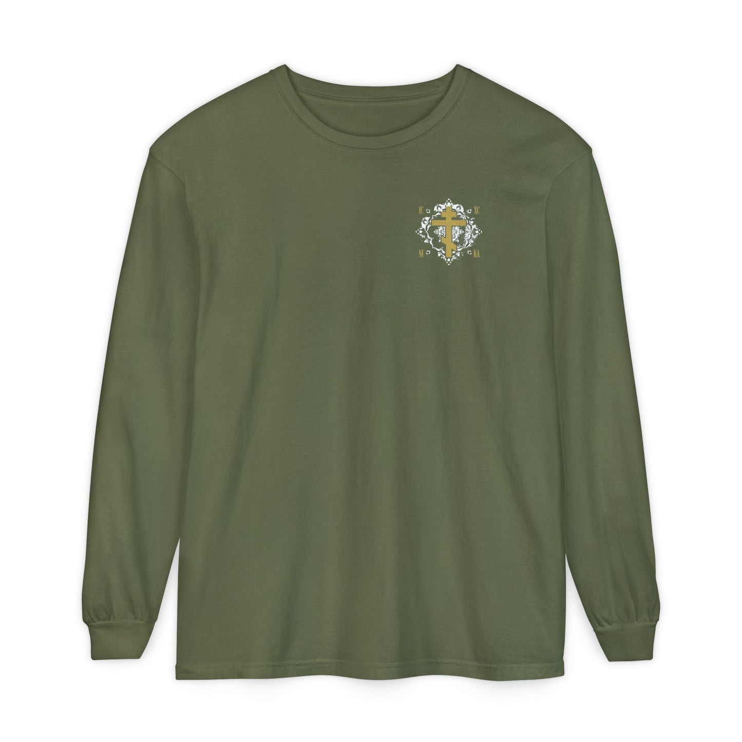 Gold Orthodox Cross ICXC NIKA  (Small Design) | White Medieval Ornate Floral Pattern | Jesus Christ Conquers | Christian Long Sleeve
