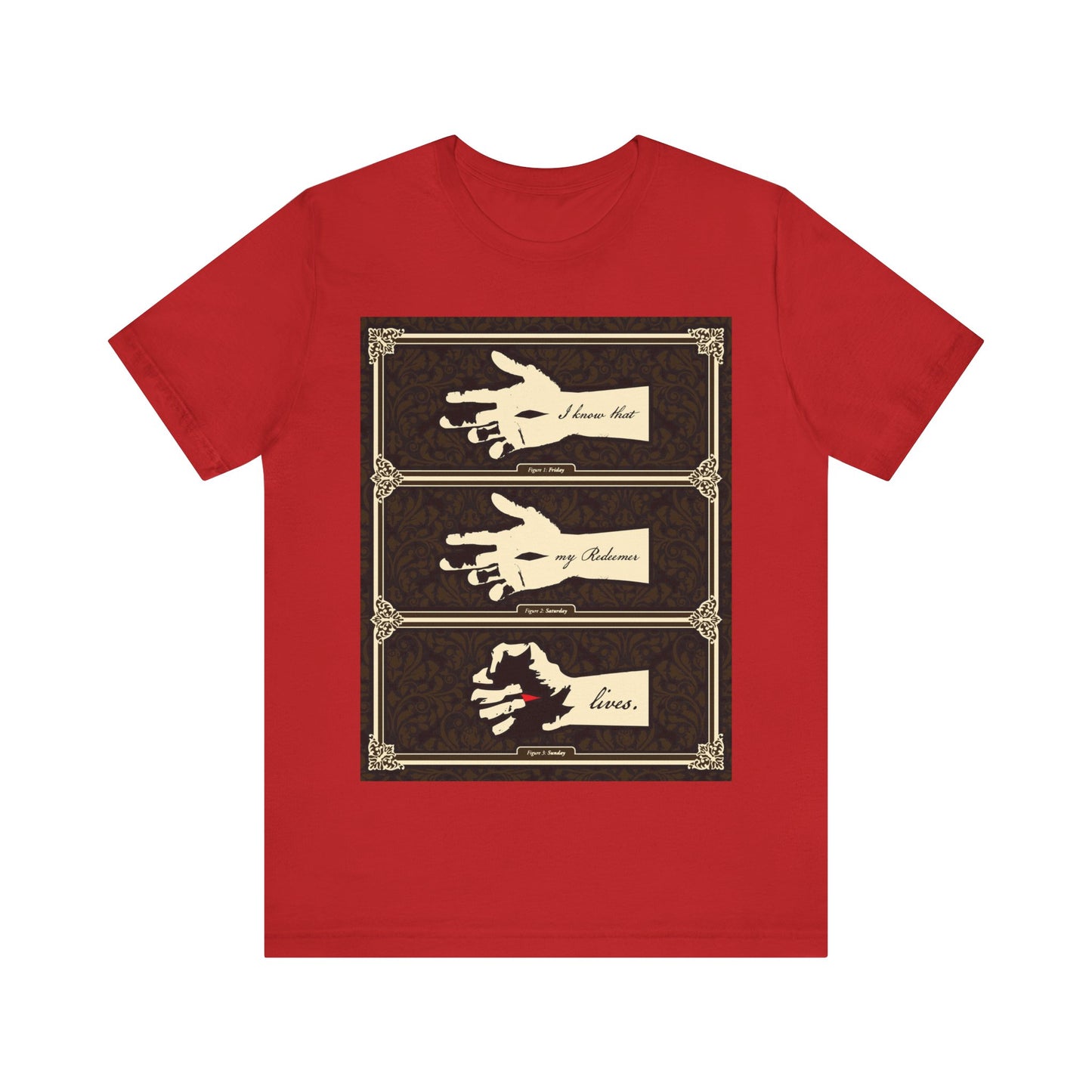 Red t-shirt featuring three illustrated hands and the phrase "I Know That My Redeemer Lives" (Job 19:25) in earthtone Americana style, reflecting spiritual struggle and strength; Orthodox Christian design.