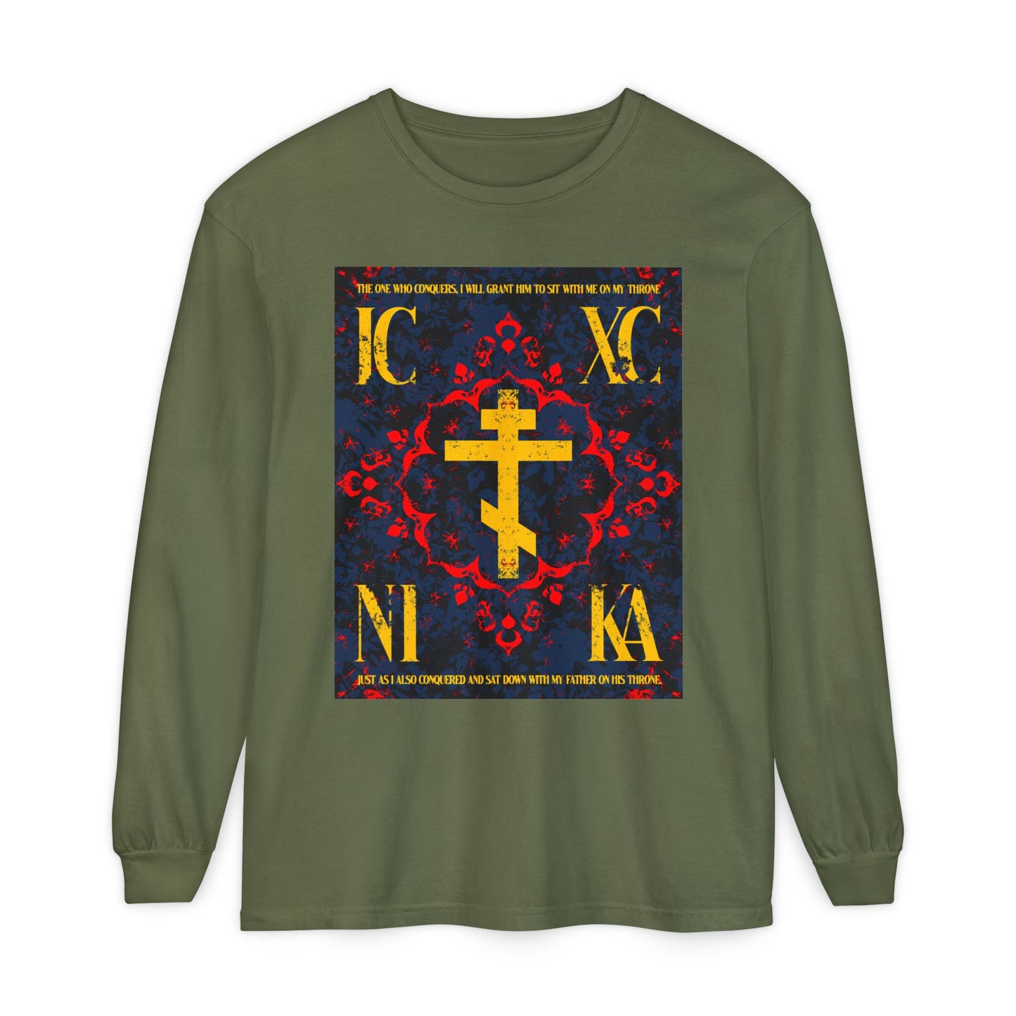 IC XC NIKA Orthodox Cross | Medieval Floral Design | The One Who Conquers (Revelation 3:21) | Orthodox Christian Long Sleeve Shirt