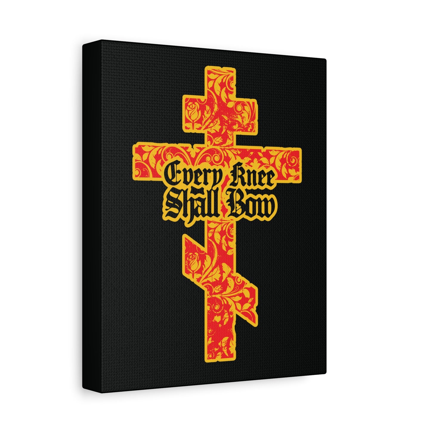 The "Every Knee Shall Bow" Christian wall art features a gold and red floral texture Orthodox cross with gothic lettering, inspired by Isaiah 45:22-24 and Philippians 2:7-11.