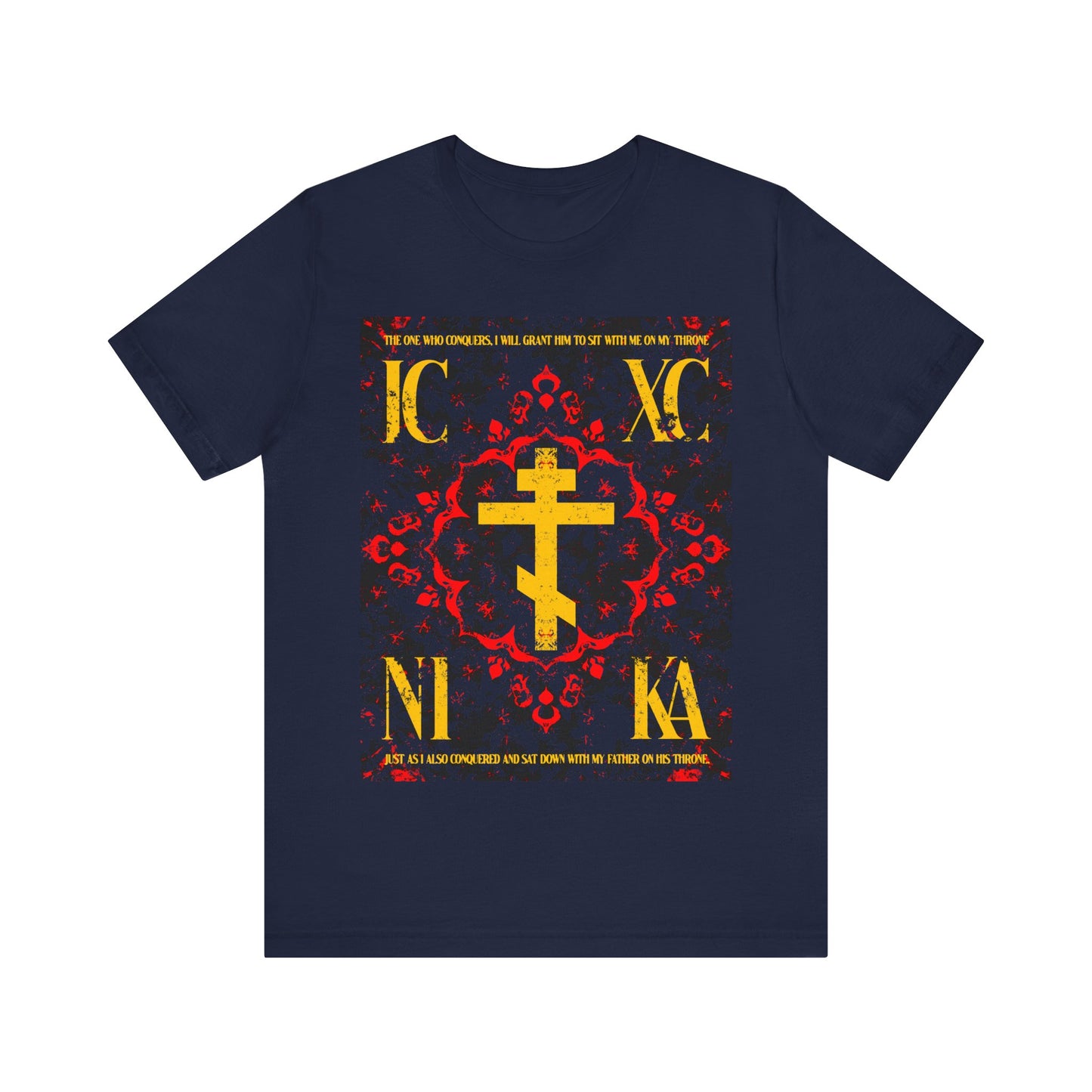 IC XC NIKA Orthodox Cross | Medieval Floral Design | The One Who Conquers (Revelation 3:21) | Orthodox Christian T-Shirt