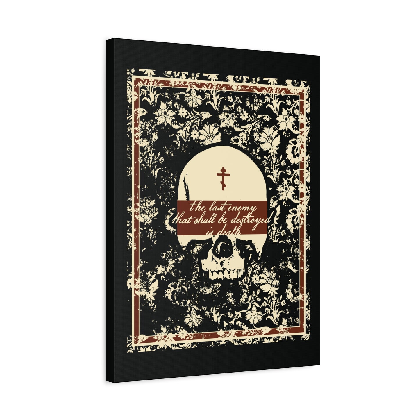 The Last Enemy That Shall Be Destroyed is Death (1 Cor 15:26) | Earthtone Skull and Floral Design | Resurrection | Orthodox Christian Canvas Art
