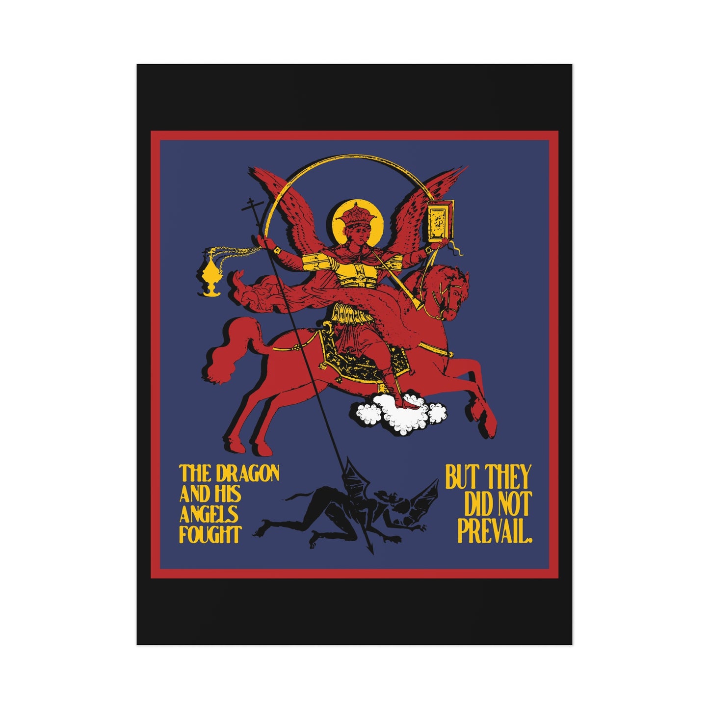 Archangel Michael of the Apocalypse IconoGraphic (Revelation 12:7-8) | Red Angel and Horse on Blue Background | Orthodox Christian Art Poster