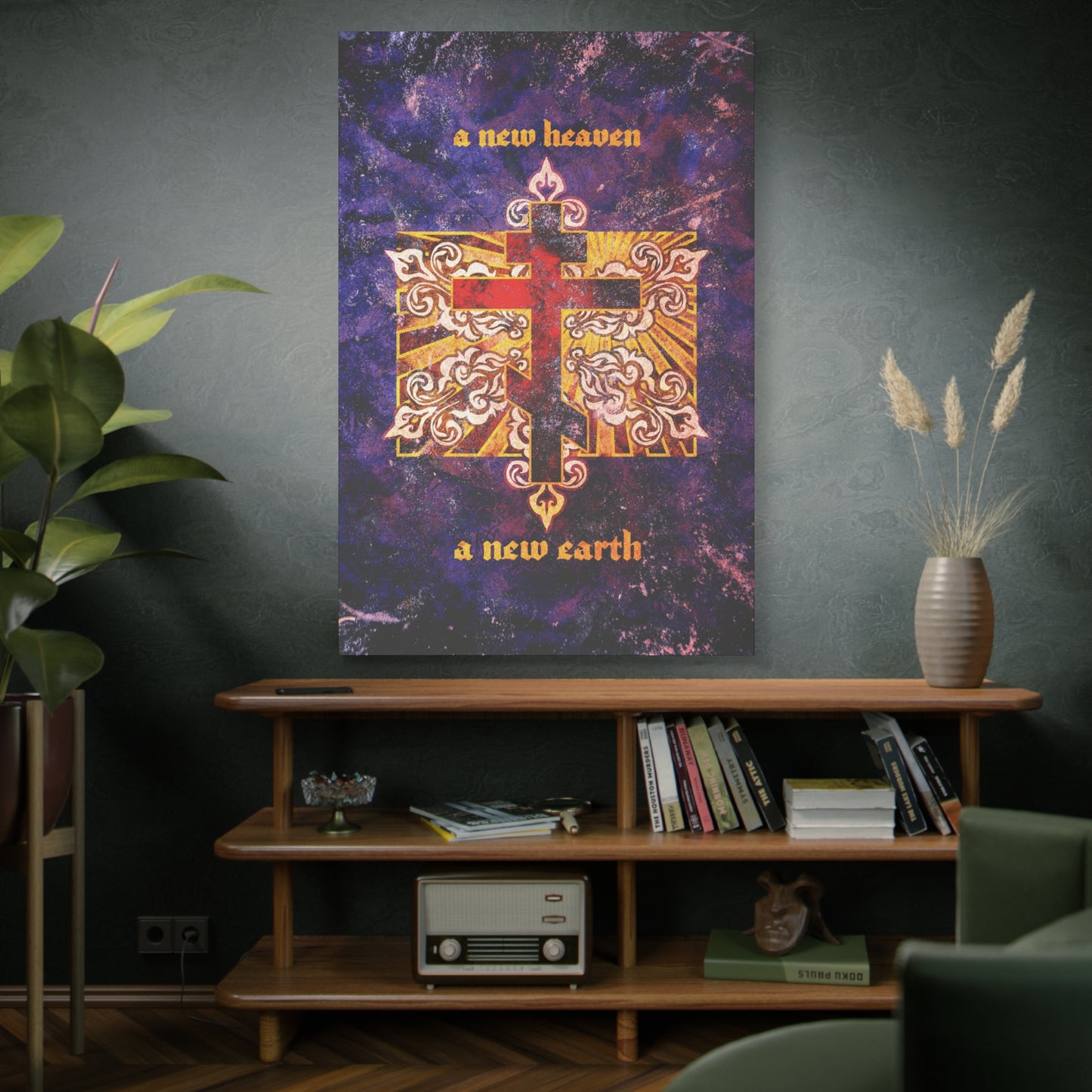 A New Heaven/A New Earth | Red Orthodox Cross on Textured Ornate Background | Christian Canvas Art