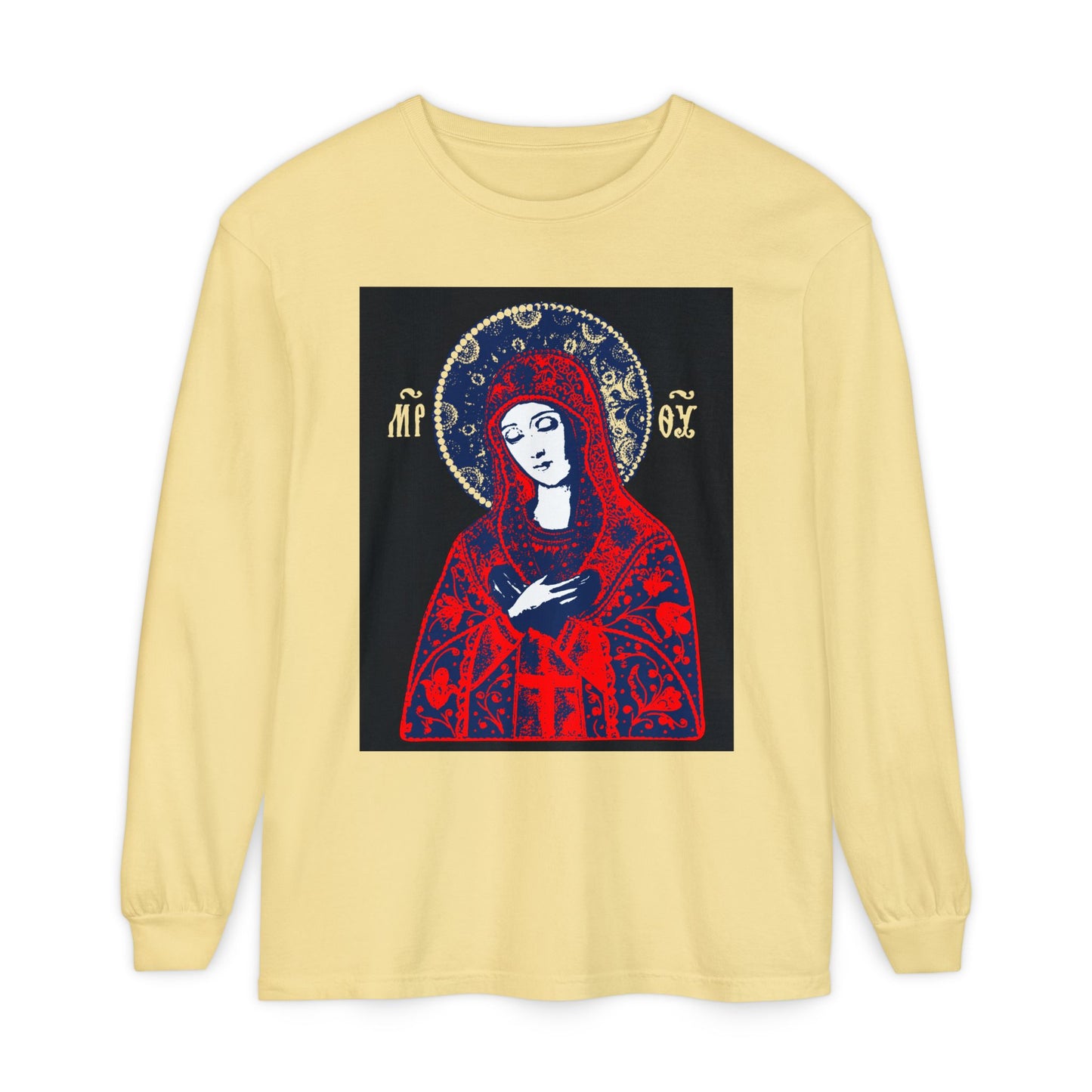 Joy of All Joys Tenderness Theotokos Iconographic Based on Traditional Orthodox Iconography | Red Design | Orthodox Christian Long Sleeve Shirt