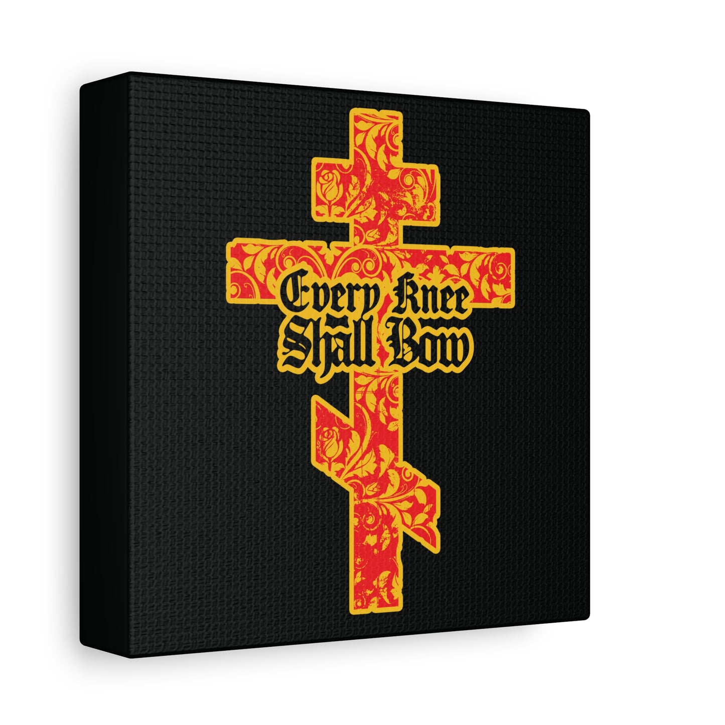 Every Knee Shall Bow (Isaiah 45:22-24, Phil 2:7-11) Christian Wall Art—a gold and red ornate Orthodox cross with gothic lettering on a black textured background.