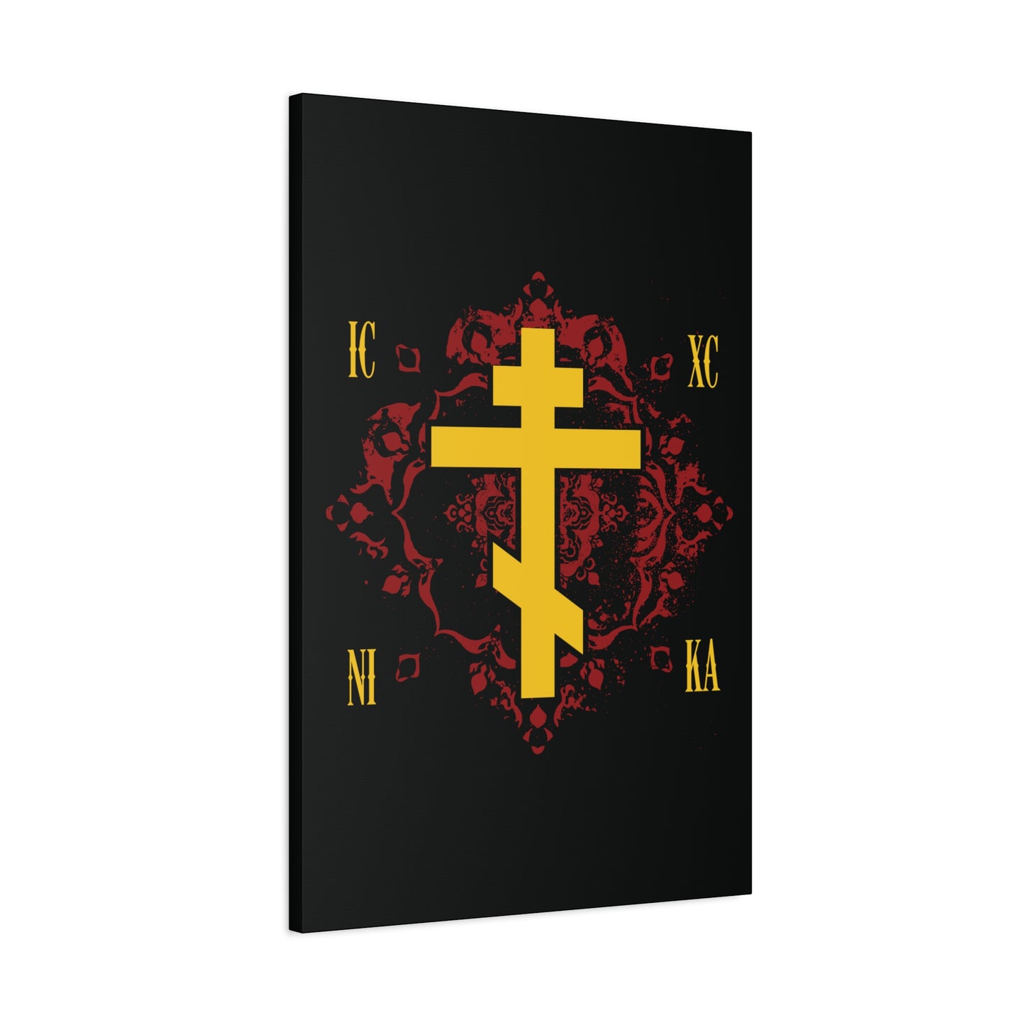 The ICXC NIKA Yellow Russian Cross on an ornate red background canvas art features "Jesus Christ Conquers" in a striking Orthodox Christian design.