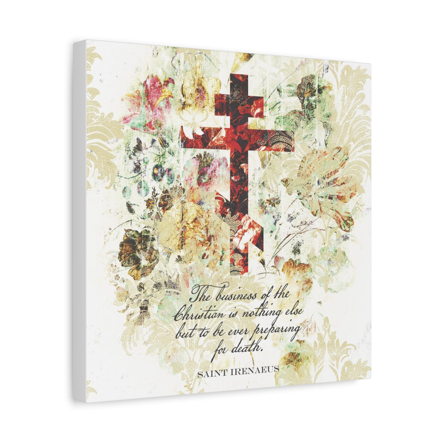 Preparing For Death | White & Beige Floral Scrapbook Texture Cross | Arts & Crafts Style | St Irenaeus | Orthodox Christian Canvas Art