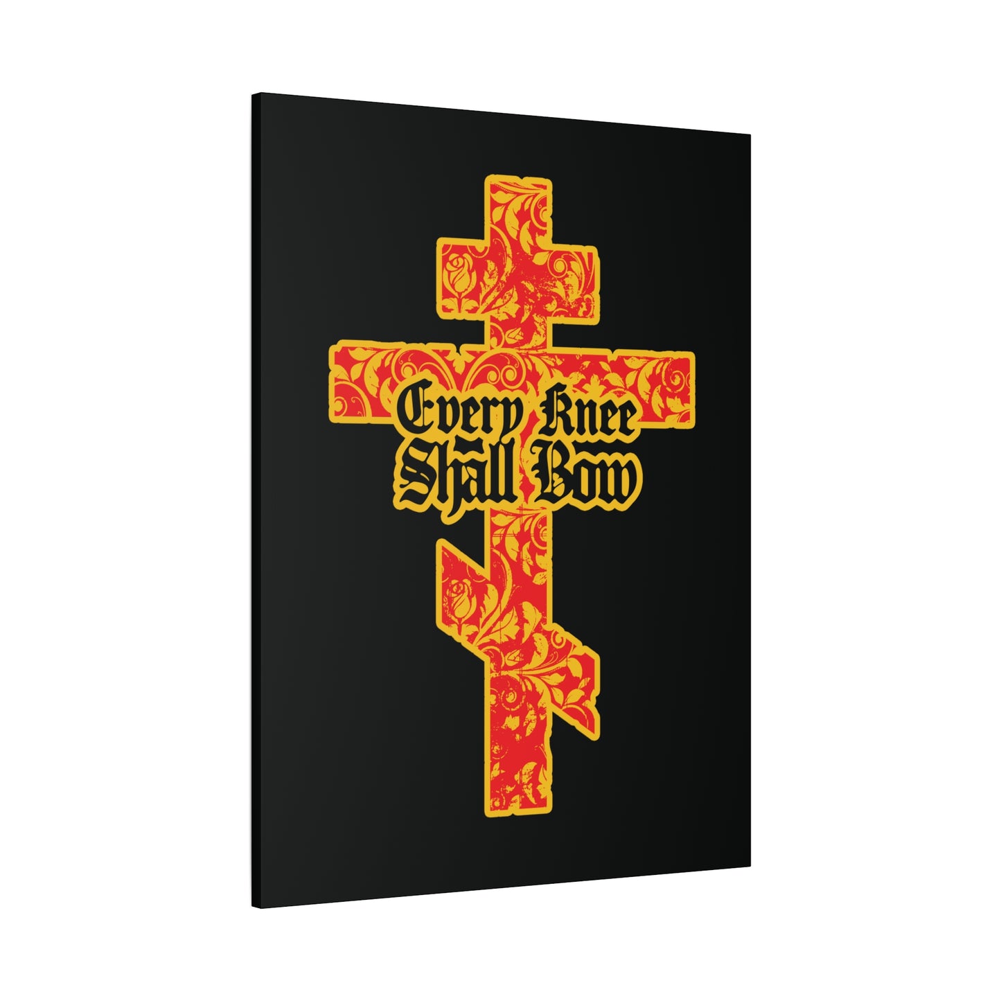 A gold and red floral textured Orthodox cross with Gothic lettering reading "Every Knee Shall Bow" and "Jesus Christ is Lord" on black, inspired by Isaiah 45:22-24 and Phil 2:7-11. Christian wall art.