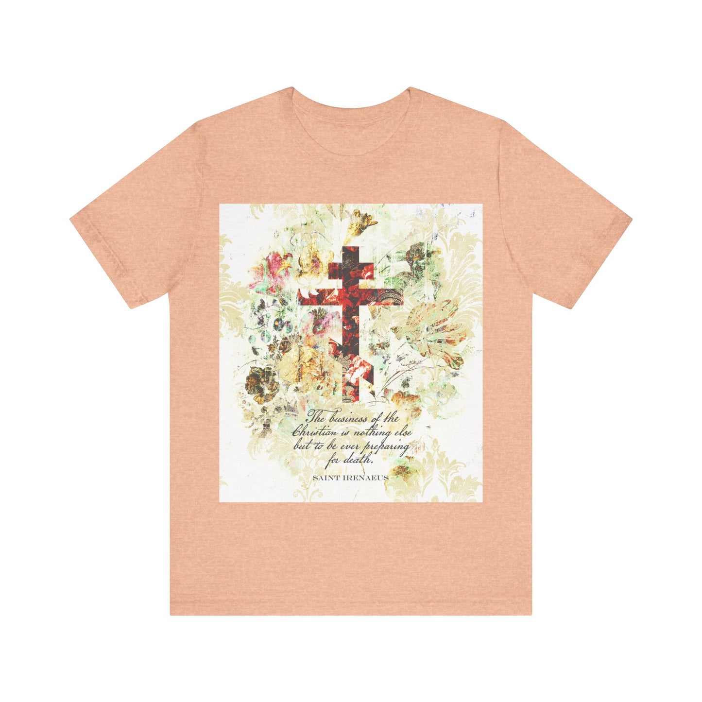 Heather Peach t-shirt featuring a white and beige floral scrapbook texture cross with an arts & crafts style, St. Irenaeus quote, and Orthodox Christian inspiration on the front.