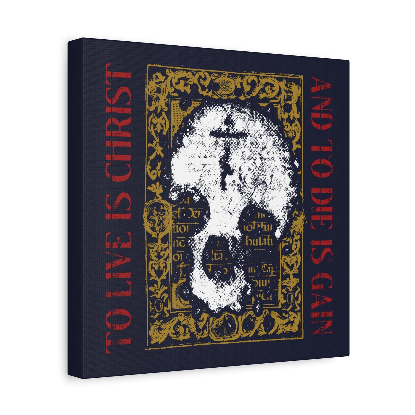 To Live is Christ, to Die is Gain (Philippians 1:21) | Skull with Cross on Gold Manuscript Texture | Orthodox Christian Canvas Art