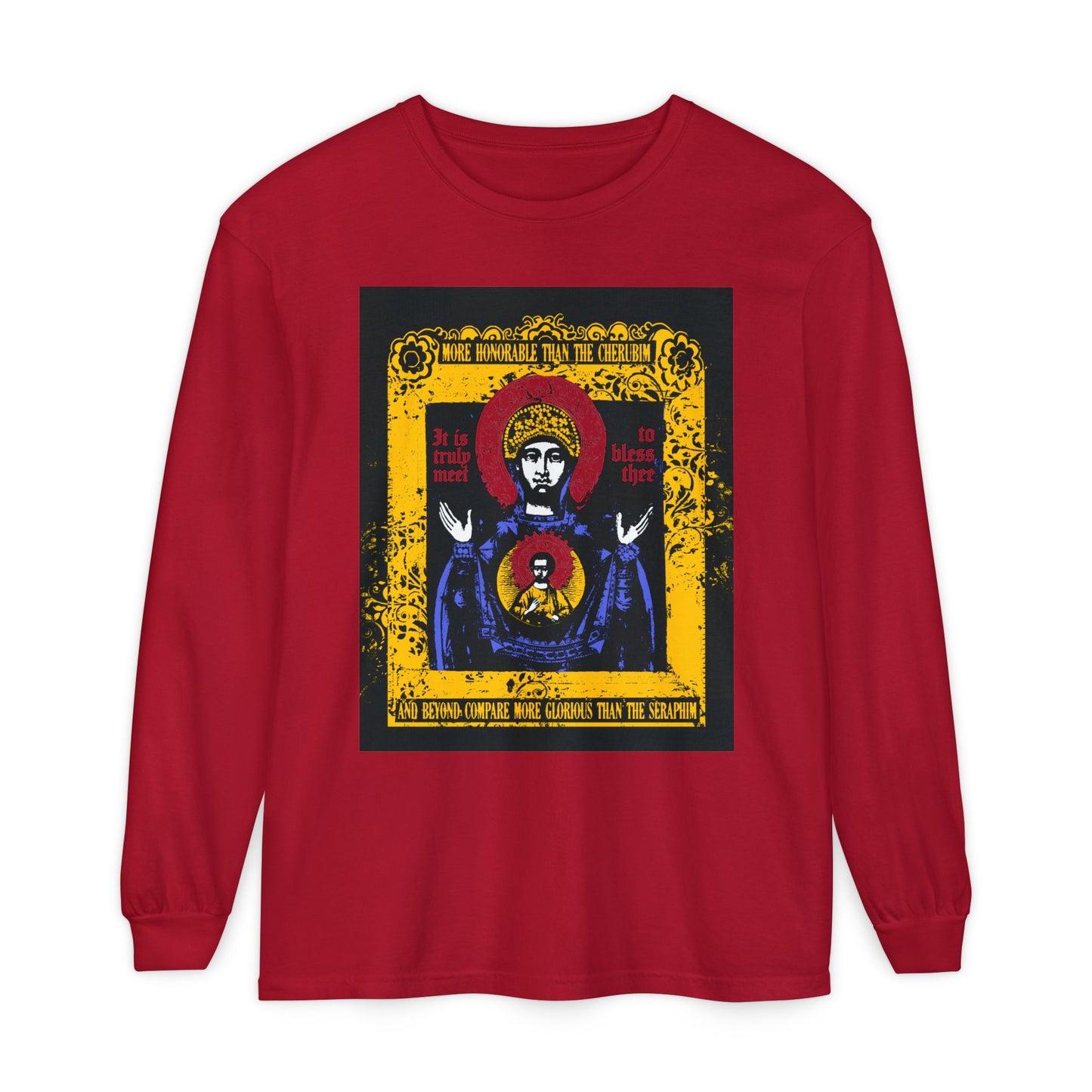 It is Truly Meet To Bless Thee Iconographic | Axion Estin Hymn to the Mother of God Theotokos | Orthodox Christian Long Sleeve Shirt