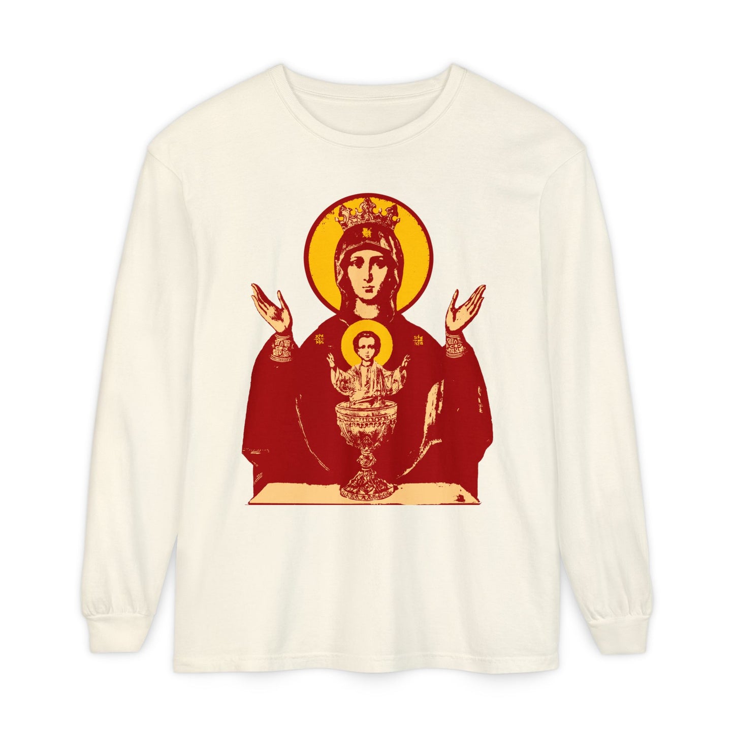 Ivory long sleeve featuring the Holy Theotokos IconoGraphic of the Inexhaustible Chalice, symbolizing deliverance from addictions and conquering passions. Orthodox Christian design.