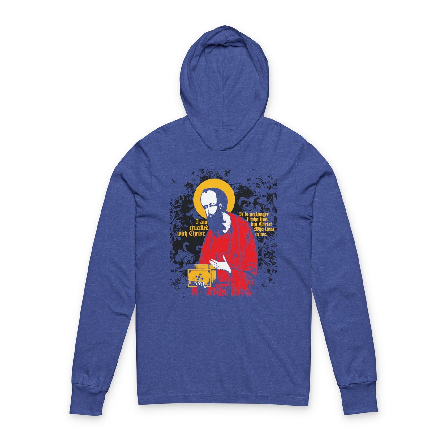 St Paul Holding Gospel Iconographic | I am crucified with Christ (Galatians 2:20) | Orthodox Long Sleeve Hooded Shirt
