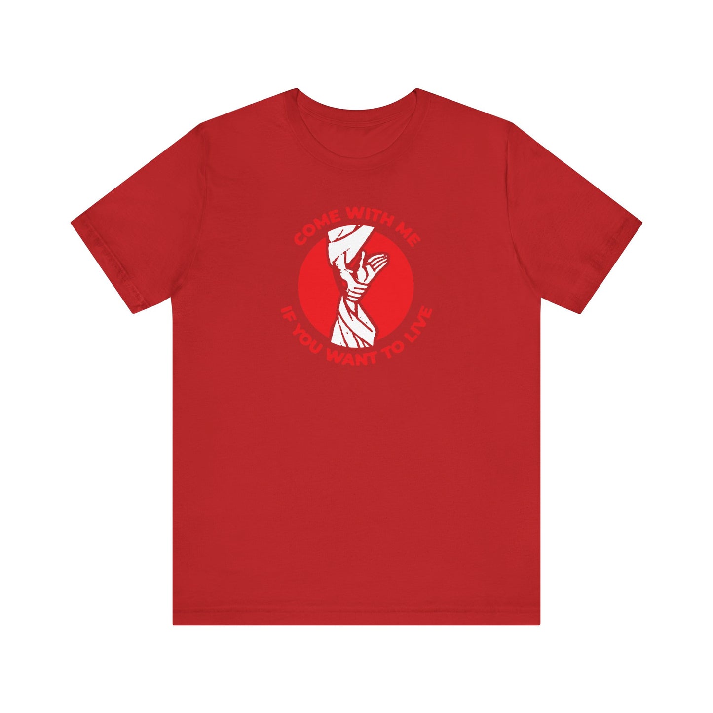 Red Come With Me if You Want to Live t-shirt features an iconographic image of Jesus pulling Adam from Hades, inspired by John 14:6. Orthodox Christian design on lightweight cotton unisex tee.