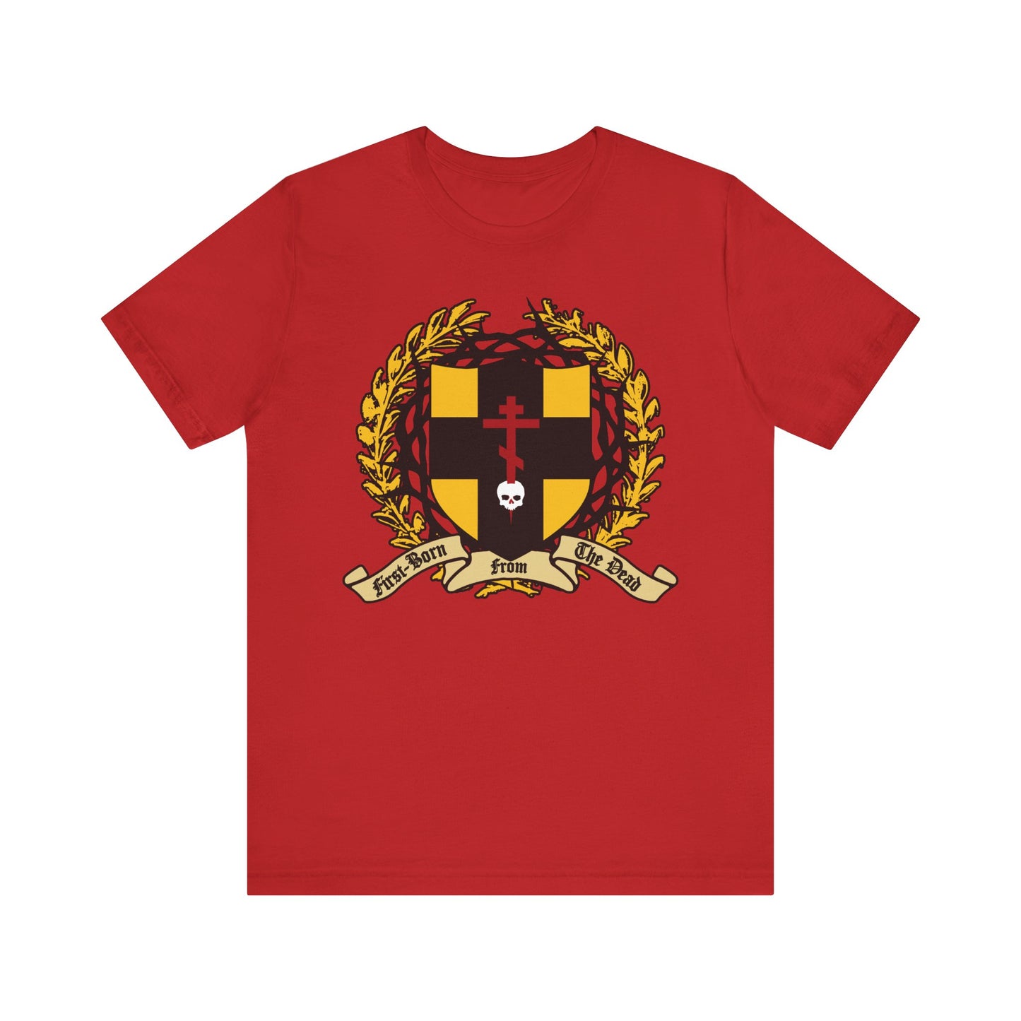 Red unisex cotton t-shirt featuring a heraldic shield with an Orthodox cross stabbing a skull, crowned with thorns, inspired by Col 1:18 and redemption themes. Product name: First-Born from the Dead.